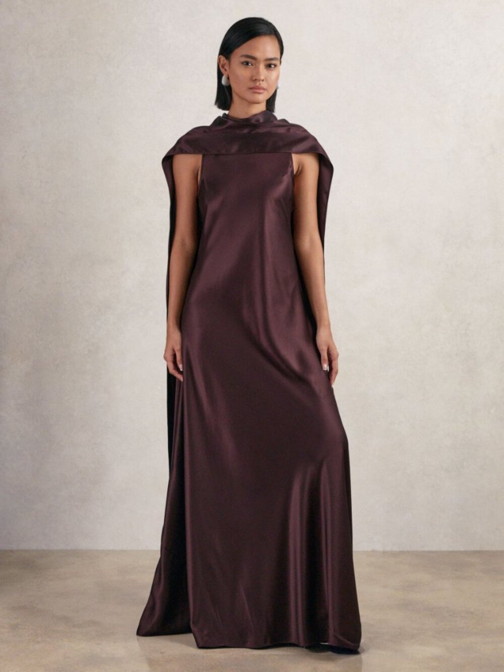 Never-Worn Reiss Satin Cape Maxi Dress in Burgundy Perfect for Fall Wedding - Picture 5 of 15